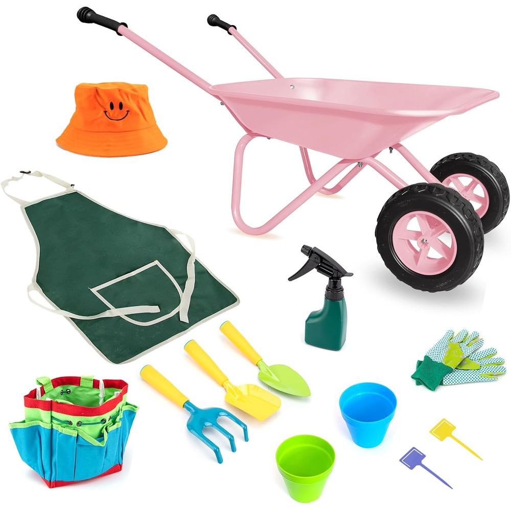Gardening Tools Gloves - Children's Pink Metal Wheelbarrow Set with